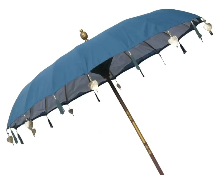 Product image of the product “Bali umbrella , blue 2 with wooden coins and gold leaves hanging around the edge. Approx. 230cm dia. and 250cm height ”